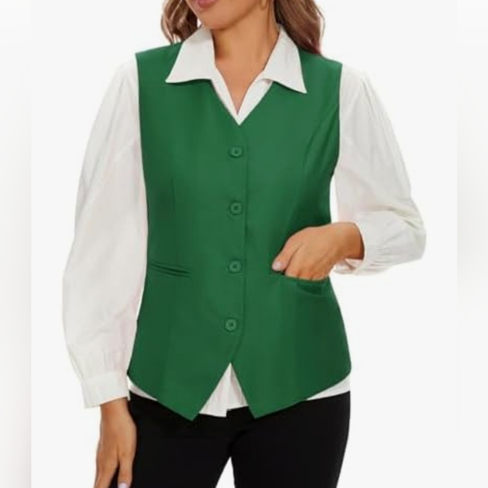 Womens Green V-Neck Sleeveless Button Up Blazer Vest Suit Waistcoat Medium